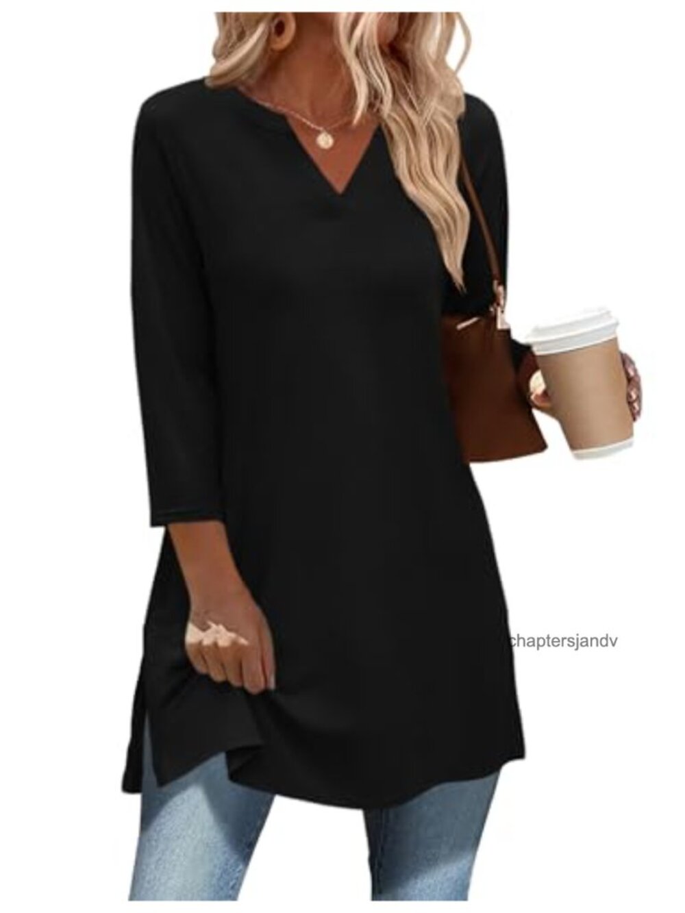 3/4 Sleeve V-Neck Tunic Top Side Slit Plus Size